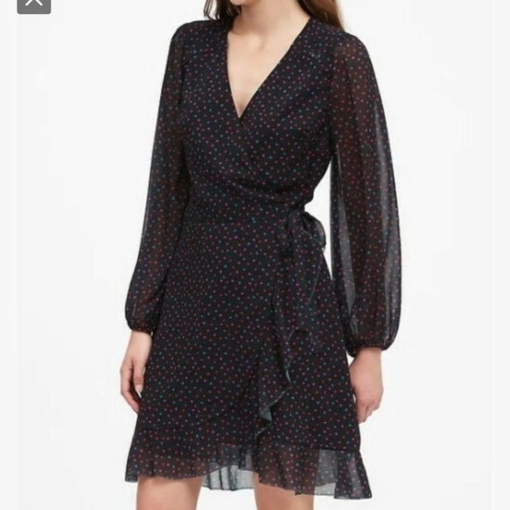 Banana Republic Black Multi Heart Print Long Sleeve Wrap Mini Dress Sz.2